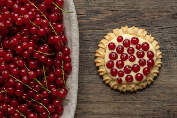 rote Johannisbeeren und Pudding in Törtchen auf Tisch aus Holz