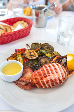 Grilled vegetables and squid, calamari served in Greek tavern, traditional greece food