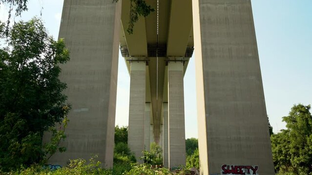 Tilt up to underside of the A61 Autobahn bridge with trees growing underneath