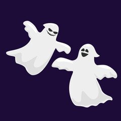 Two cute halloween ghosts isolated on dark background. Creepy funny cutecharacter character . Party celebrate Halloween night holiday. Vector Illustration.