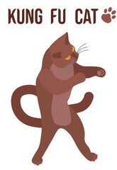 Yellow-eyed brown cat standing and in kung fu fighting stance. Vector illustration isolated on white background.