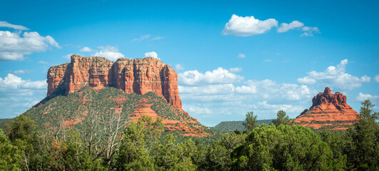 Couthouse Butte and Bell Rock are among the iconic rock formations in Sedona, Arizona.