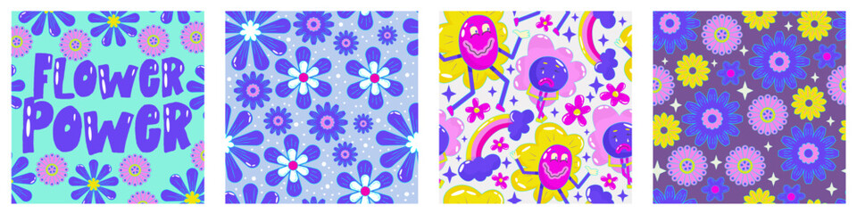 Daisy flower power poster set for print design. Abstract trippy psychedelic pattern. Flower power. Funny vector illustration. Retro 1990 poster for tshirt design