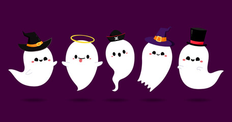 Happy halloween party greeting card with cute ghost. Holidays cartoon character. Cute spooky ghosts. Spooky ghosts in a halloween hat