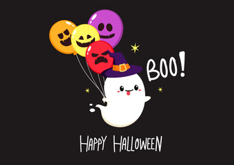 Halloween poster design. Halloween party with cute ghost and fancy balloons. Trick or treat with holidays cartoon character.