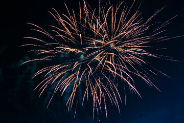 Inexpensive, budget, beautiful fireworks in the city, against the backdrop of the night sky.