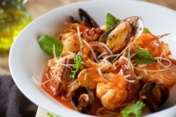 Seafood pasta - shrimp, clams and octopus served with cheese and basil leaves and red sauce