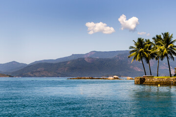 Island in the sea and palm trees at Angra dos Reis town, State of Rio de Janeiro, Brazil. Taken...