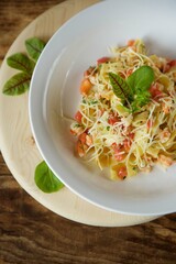 Pasta with cheese and seafood. Italian cuisine.