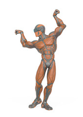 super hero is doing a dynamic bodybuilder pose in an exosuit