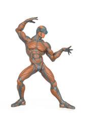 super hero is doing a dynamic fight pose in an exosuit