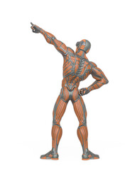 super hero is pointing up and showing the way in an exosuit rear view