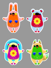 Stickers. Cartoon characters. Animals in color. Hedgehog. Squirrel. Bear. Hare. Wild animals with decoration on their belly.
