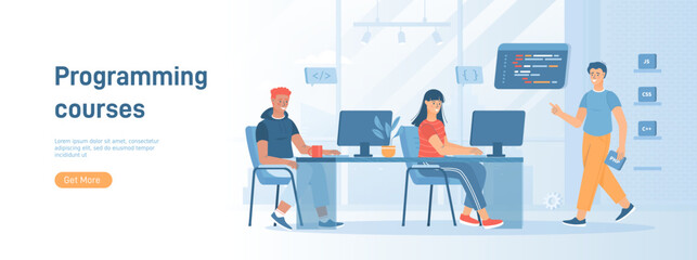 Programming language courses. Mobile app and computer software developing. Hi tech training. Flat concept great for social media promotional material. Website banner on white background.