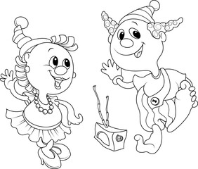 A couple of circus performers. Clowns. Characters dance to the radio. Girl and boy.