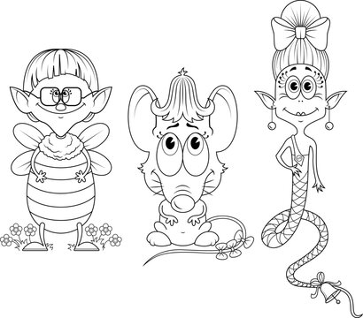 Trio. Friends. Outline drawing of a mouse snake and a bee. Three Cartoon Characters. Coloring.