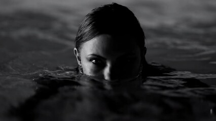 Charming woman swimming in pool water under neon color light. Party, attractive girl in shining dress enjoying night time. Work as model or actress, influencer