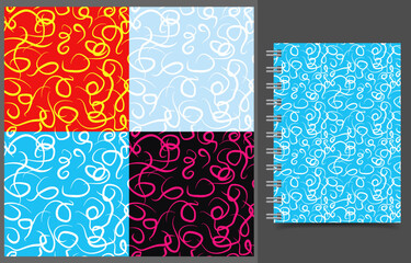 Curves patterns set in different colors. Vector repeating abstract backgrounds set with a notebook cover template.