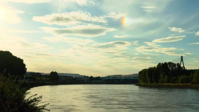 Iridescent cloud during sunset over the Rhine river in Neuwied Germany