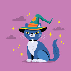 Cute Halloween cat with skull decoration wearing witch hat. Expressive animal character. Flat hand drawn cartoon vector illustration