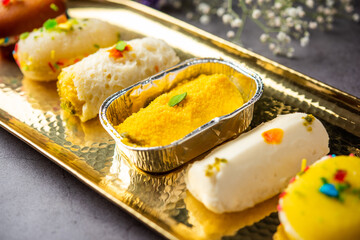 Malai Chop or Cream sandwich made using filling Rasgulla or Gulab jamun sweet is a Bengali sweet