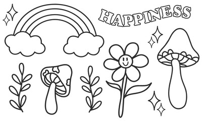 Rainbow, daisy with a face, mushrooms, plants and inscriptions. Black and white vector illustration for coloring.