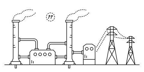 Geothermal power station drawing in line art style. Renewable energy source.