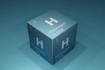 Hydrogen, 3D background of symbols of the elements of the periodic table, atomic number, atomic weight, name and symbol. Education, science and technology