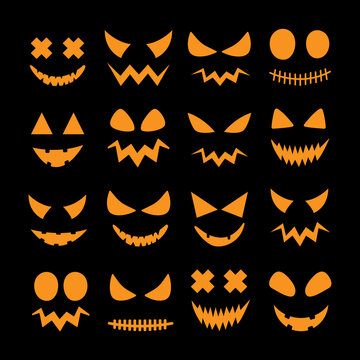 Vector collection halloween orange pumpkin faces isolated on black background. Halloween decoration design. Vector illustration