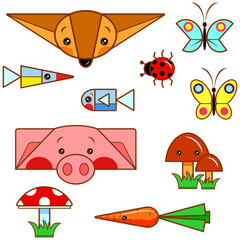 Stickers. Simple colored characters from geometric shapes. Animals with vegetables, fish and insects.