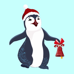 Northern penguin. New Year, snow and red bell. Pole of animals. Illustration vector isolated style. Color picture for gift wrapping.