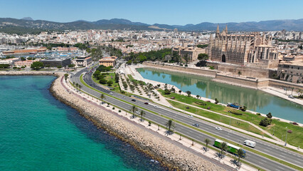 Aerial cityscape of Palma de Mallorca with cathedral, Balearic Islands, 