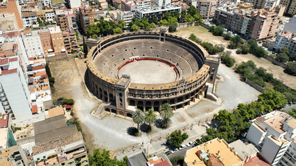 Areal view of Palma, Mallorca, Balearic Islands, Spain The building of Coliseum of Palma de Mallorca. - obrazy, fototapety, plakaty