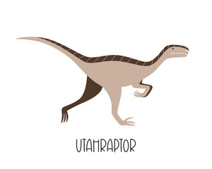 Funny isolated prehistoric dinosaur Utahraptor. Vector illustration of a wild animal.