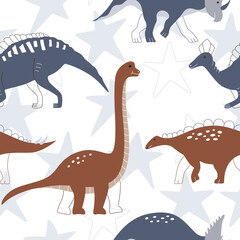 Cute baby dinosaurs in blue stars. Vector seamless pattern with playful animals for wallpaper, fabric, or birthday cards.