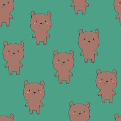 Seamless pattern of bears in bright green background. Hand-draw pattern in vintage doodle style. For example the pattern for baby clothes or for wrapping paper. 
