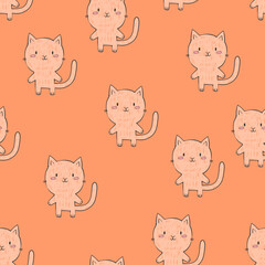 Obraz na płótnie Canvas Seamless pattern of cute light orange cats in bright orange background. Hand-draw pattern in vintage doodle style. For example the pattern for baby clothes or for wrapping paper. 