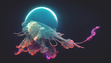Neon jellyfish in the sea deep blue water. Abstract fantasy jellyfish on a dark background. 3D illustration. - obrazy, fototapety, plakaty
