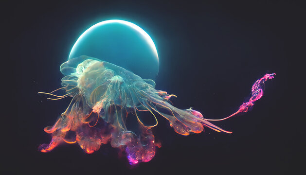 Neon jellyfish in the sea deep blue water. Abstract fantasy jellyfish on a dark background. 3D illustration.