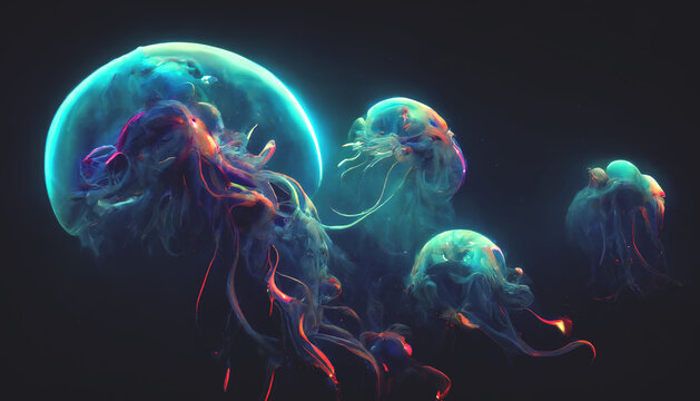 Neon jellyfish in the sea deep blue water. Abstract fantasy jellyfish on a dark background. 3D illustration.