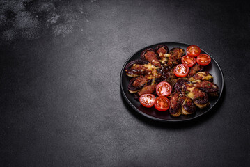 Fresh eggplant baked with minced meat, spices and herbs on a black plate