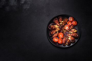 Fresh eggplant baked with minced meat, spices and herbs on a black plate