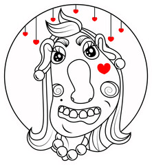 Sticker. Outline drawing. Antistress. The woman's cheek is adorned with a heart. St. Day Valentine.