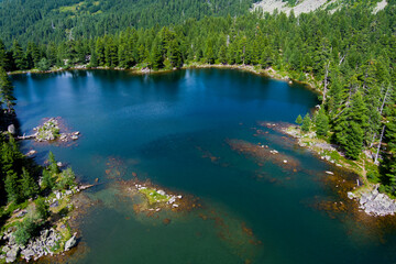 Montenegro. Prokletiye National Park. Mountain lake. Popular tourist spot. Drone. Aerial view