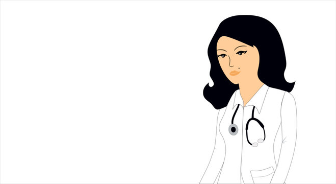 Doctor in a lab coat vector illustration. Doctor cartoon character with stethoscope. Clinic banner template