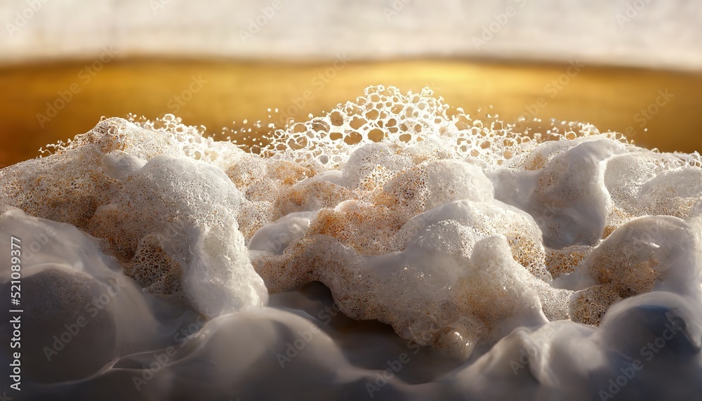 Poster realistic beer splashes close-up. texture of white soap foam with bubbles. 3d artwork