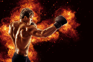 Fighter man punching in fire. MMA fighter