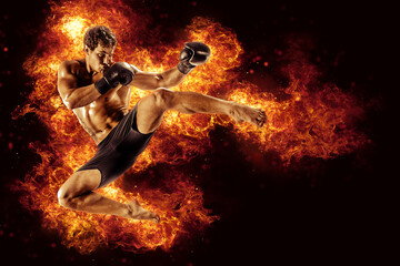 Fighter man punching in fire. MMA fighter