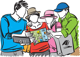 group of tourists looking brochure travel concept and with tablet vector illustration