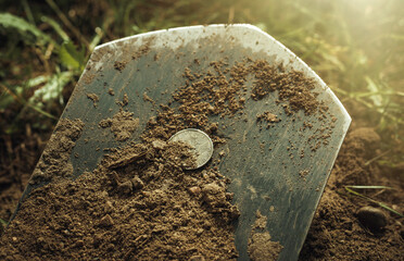 An old coin on a shovel with earth. An accidental find in the garden.Dig up the treasure.Treasure hunt. © Svetliy
